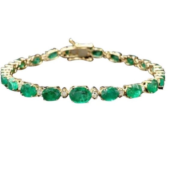Jewelry - Impressive 11.40 Carats Natural Emerald & Diamond 14K Solid Yellow Gold Bracelet